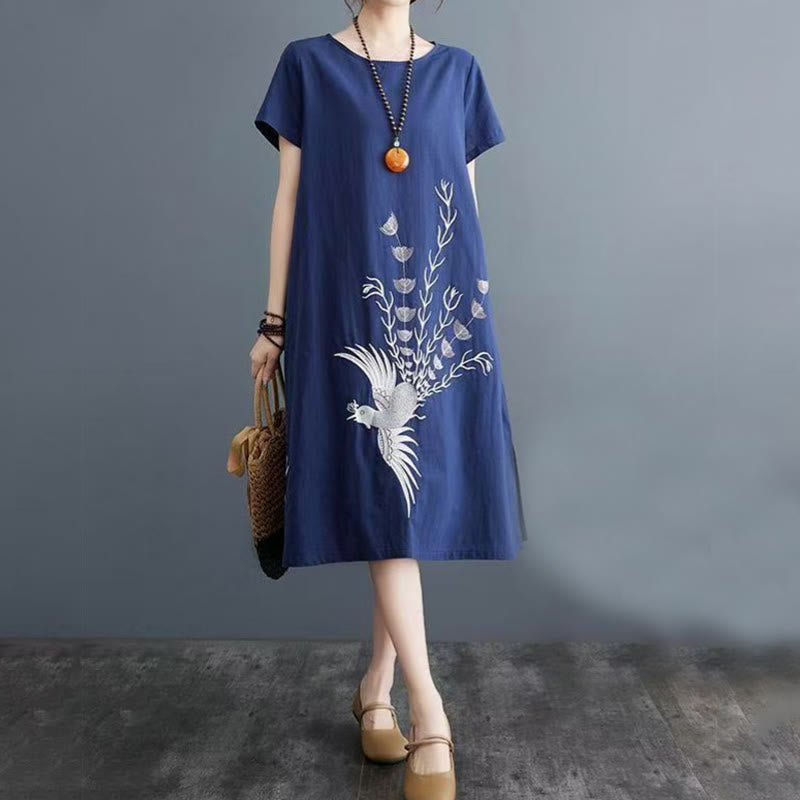 Buddha Stones Summer Printing Phoenix Pattern Short Sleeve Cotton Linen Midi Dress