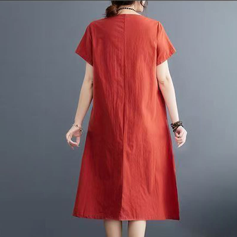 Buddha Stones Summer Printing Phoenix Pattern Short Sleeve Cotton Linen Midi Dress