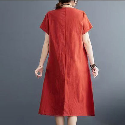 Buddha Stones Summer Printing Phoenix Pattern Short Sleeve Cotton Linen Midi Dress