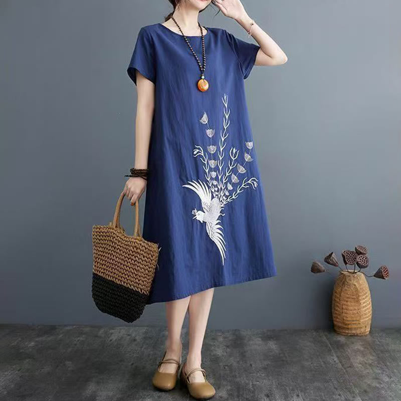 Buddha Stones Summer Printing Phoenix Pattern Short Sleeve Cotton Linen Midi Dress