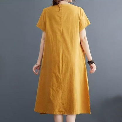 Buddha Stones Summer Printing Phoenix Pattern Short Sleeve Cotton Linen Midi Dress