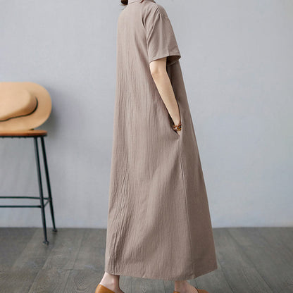 Buddha Stones Casual Plain Side Lace-Up Lapel Short Sleeve Cotton Linen Midi Dress With Pockets
