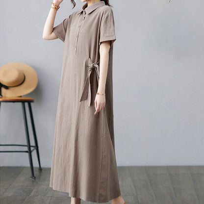 Buddha Stones Casual Plain Side Lace-Up Lapel Short Sleeve Cotton Linen Midi Dress With Pockets
