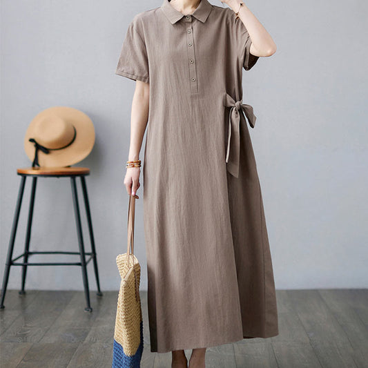 Buddha Stones Casual Plain Side Lace-Up Lapel Short Sleeve Cotton Linen Midi Dress With Pockets
