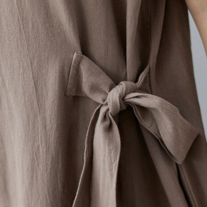 Buddha Stones Casual Plain Side Lace-Up Lapel Short Sleeve Cotton Linen Midi Dress With Pockets