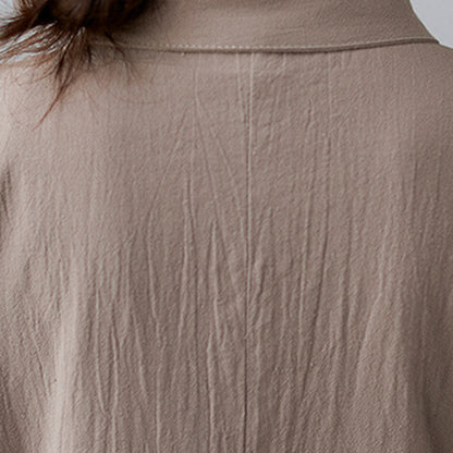 Buddha Stones Casual Plain Side Lace-Up Lapel Short Sleeve Cotton Linen Midi Dress With Pockets
