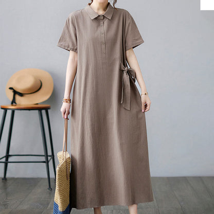 Buddha Stones Casual Plain Side Lace-Up Lapel Short Sleeve Cotton Linen Midi Dress With Pockets