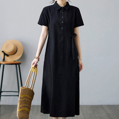 Buddha Stones Casual Plain Side Lace-Up Lapel Short Sleeve Cotton Linen Midi Dress With Pockets