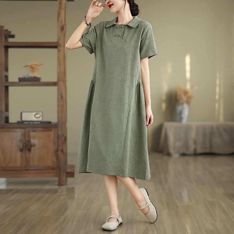 Buddha Stones Plain Jacquard Lapel Cotton Linen Short Sleeve Midi Dress With Pockets
