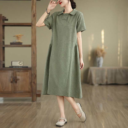 Buddha Stones Plain Jacquard Lapel Cotton Linen Short Sleeve Midi Dress With Pockets