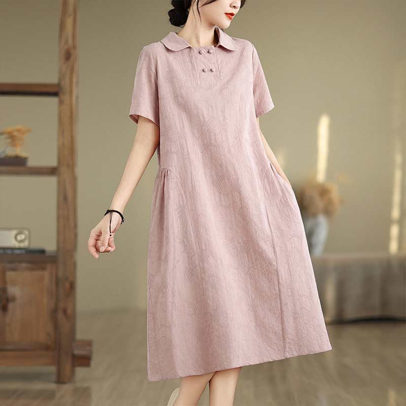 Buddha Stones Plain Jacquard Lapel Cotton Linen Short Sleeve Midi Dress With Pockets