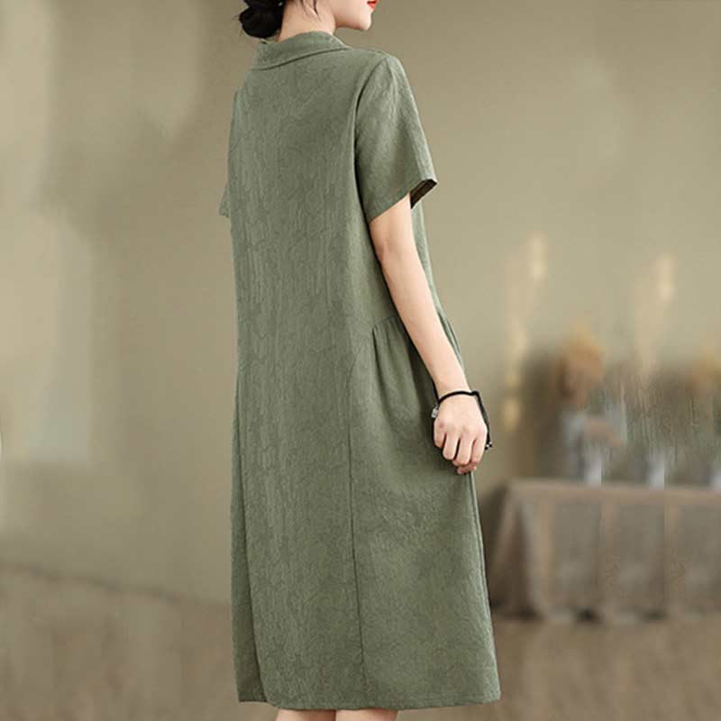 Buddha Stones Plain Jacquard Lapel Cotton Linen Short Sleeve Midi Dress With Pockets