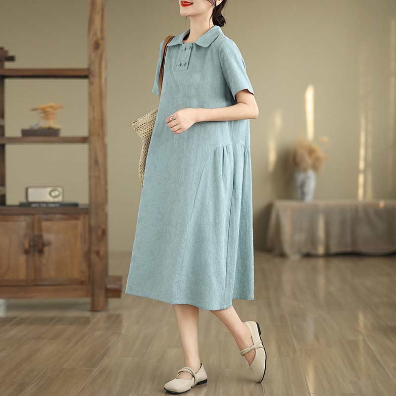 Buddha Stones Plain Jacquard Lapel Cotton Linen Short Sleeve Midi Dress With Pockets