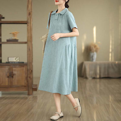 Buddha Stones Plain Jacquard Lapel Cotton Linen Short Sleeve Midi Dress With Pockets