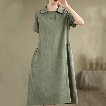 Buddha Stones Plain Jacquard Lapel Cotton Linen Short Sleeve Midi Dress With Pockets