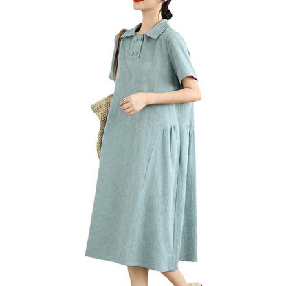 Buddha Stones Plain Jacquard Lapel Cotton Linen Short Sleeve Midi Dress With Pockets