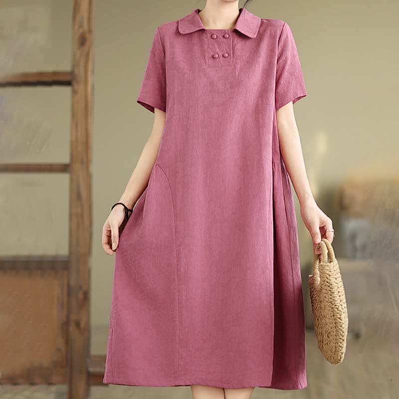 Buddha Stones Plain Jacquard Lapel Cotton Linen Short Sleeve Midi Dress With Pockets