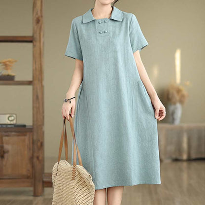 Buddha Stones Plain Jacquard Lapel Cotton Linen Short Sleeve Midi Dress With Pockets