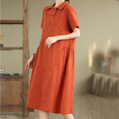 Buddha Stones Plain Jacquard Lapel Cotton Linen Short Sleeve Midi Dress With Pockets