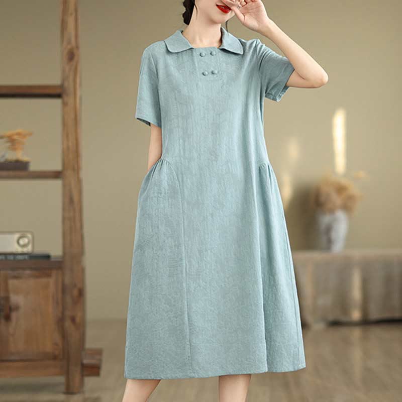 Buddha Stones Plain Jacquard Lapel Cotton Linen Short Sleeve Midi Dress With Pockets