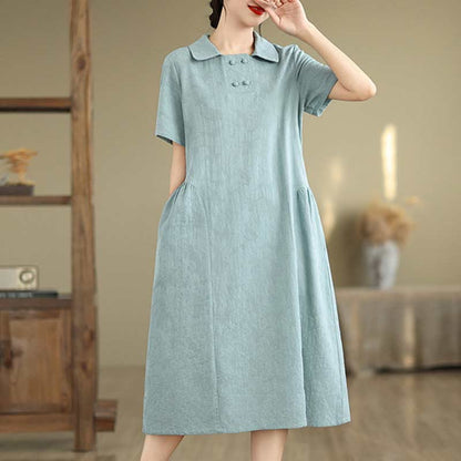 Buddha Stones Plain Jacquard Lapel Cotton Linen Short Sleeve Midi Dress With Pockets
