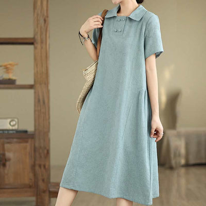 Buddha Stones Plain Jacquard Lapel Cotton Linen Short Sleeve Midi Dress With Pockets