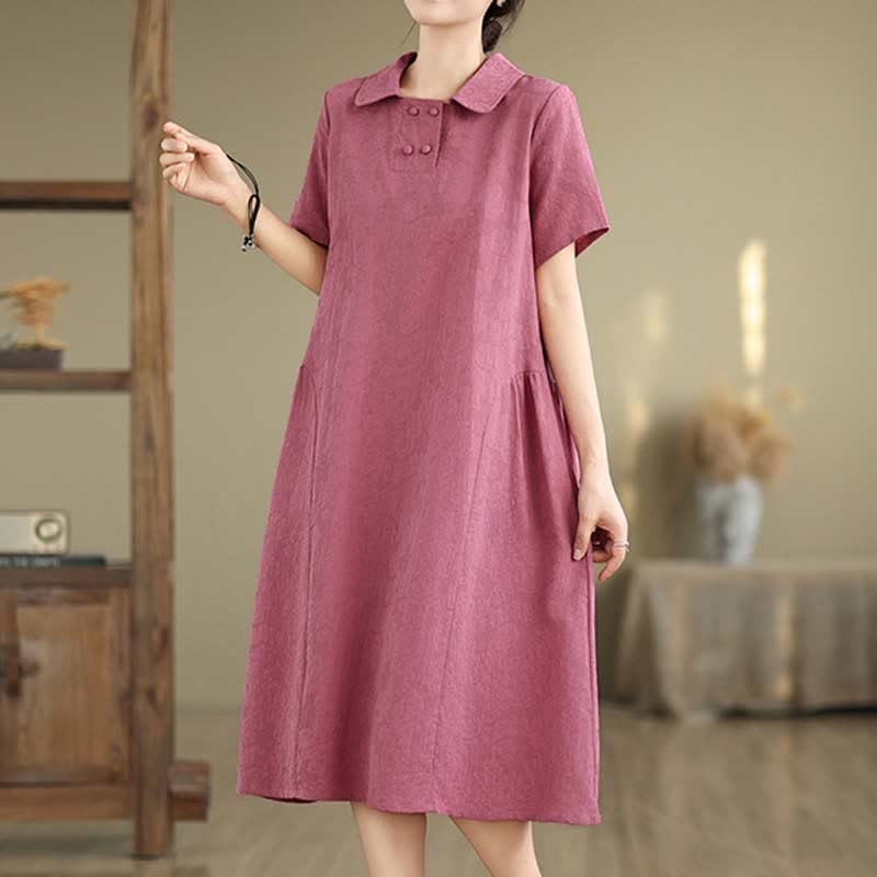 Buddha Stones Plain Jacquard Lapel Cotton Linen Short Sleeve Midi Dress With Pockets