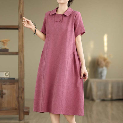 Buddha Stones Plain Jacquard Lapel Cotton Linen Short Sleeve Midi Dress With Pockets