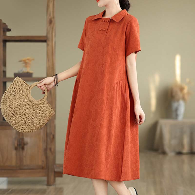 Buddha Stones Plain Jacquard Lapel Cotton Linen Short Sleeve Midi Dress With Pockets
