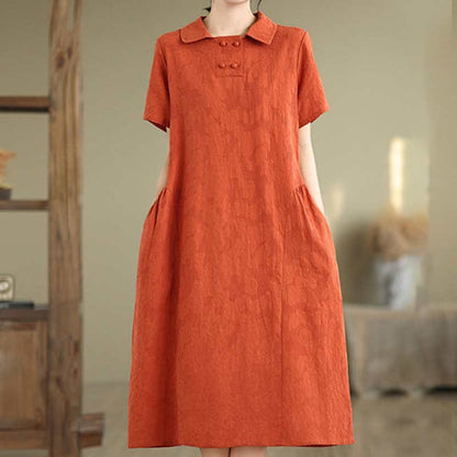 Buddha Stones Plain Jacquard Lapel Cotton Linen Short Sleeve Midi Dress With Pockets