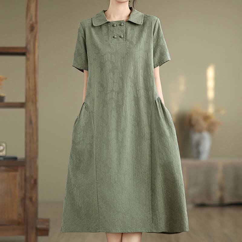 Buddha Stones Plain Jacquard Lapel Cotton Linen Short Sleeve Midi Dress With Pockets