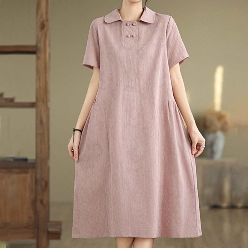 Buddha Stones Plain Jacquard Lapel Cotton Linen Short Sleeve Midi Dress With Pockets