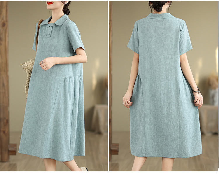 Buddha Stones Plain Jacquard Lapel Cotton Linen Short Sleeve Midi Dress With Pockets