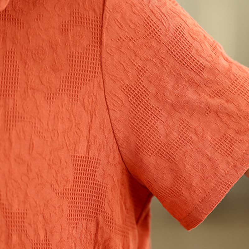Buddha Stones Plain Jacquard Lapel Cotton Linen Short Sleeve Midi Dress With Pockets