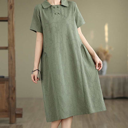 Buddha Stones Plain Jacquard Lapel Cotton Linen Short Sleeve Midi Dress With Pockets