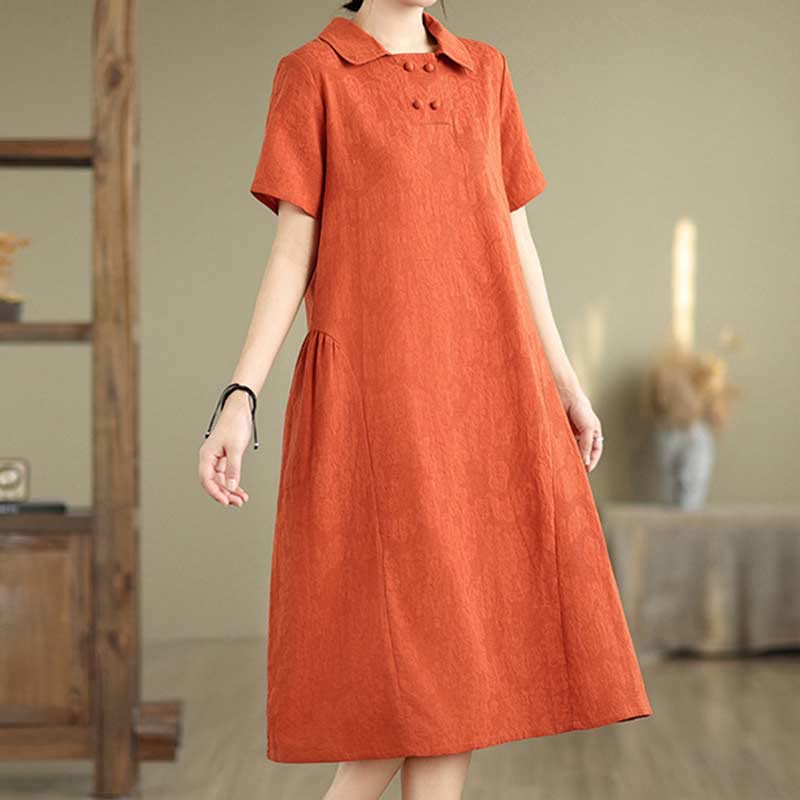 Buddha Stones Plain Jacquard Lapel Cotton Linen Short Sleeve Midi Dress With Pockets