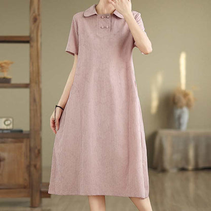 Buddha Stones Plain Jacquard Lapel Cotton Linen Short Sleeve Midi Dress With Pockets