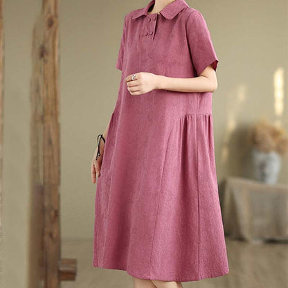 Buddha Stones Plain Jacquard Lapel Cotton Linen Short Sleeve Midi Dress With Pockets