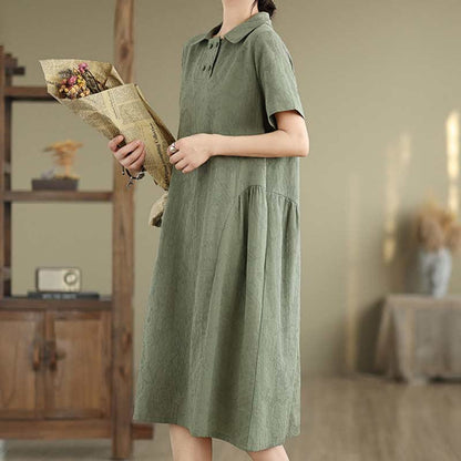 Buddha Stones Plain Jacquard Lapel Cotton Linen Short Sleeve Midi Dress With Pockets