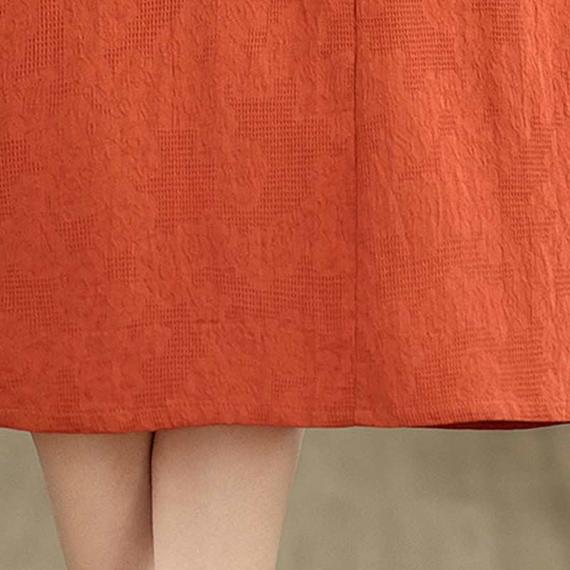 Buddha Stones Plain Jacquard Lapel Cotton Linen Short Sleeve Midi Dress With Pockets