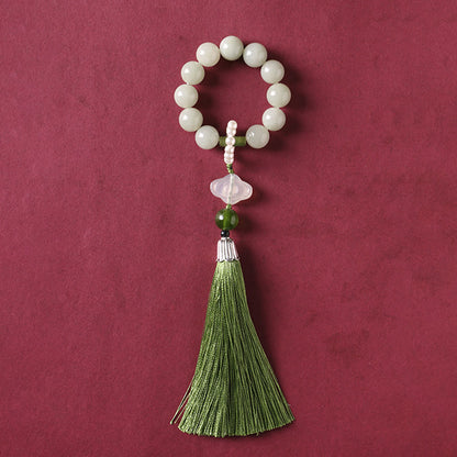Buddha Stones Green Jade Beads Pearl Prosperity Tassels Wrist Mala