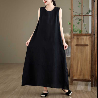 Buddha Stones Spring Plain Irregular Sleeveless Cotton Linen Midi Dress With Pockets