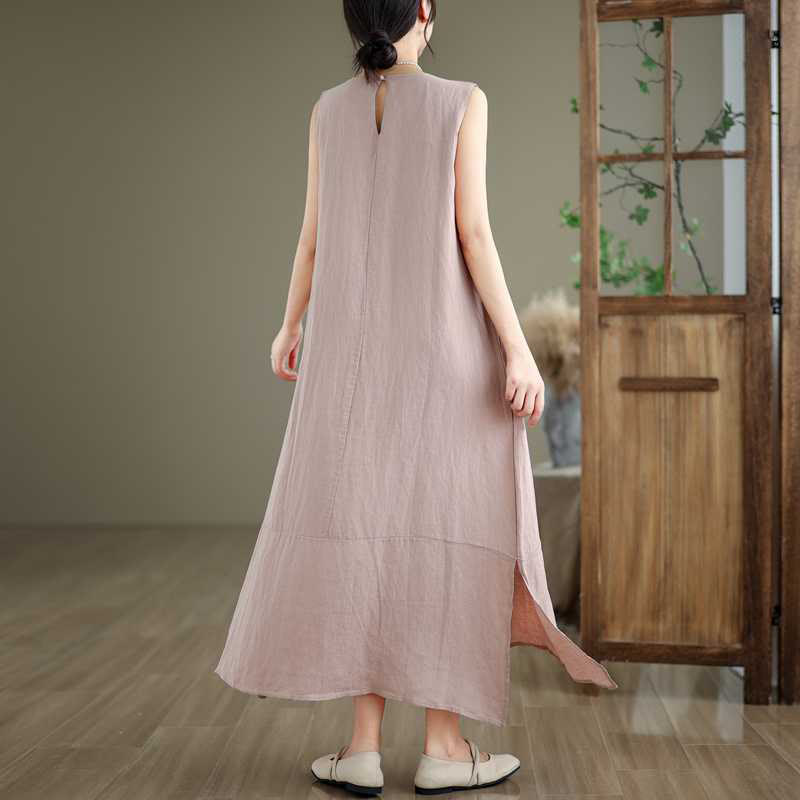 Buddha Stones Spring Plain Irregular Sleeveless Cotton Linen Midi Dress With Pockets