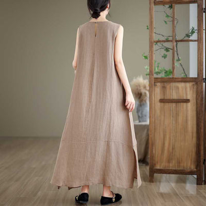 Buddha Stones Spring Plain Irregular Sleeveless Cotton Linen Midi Dress With Pockets