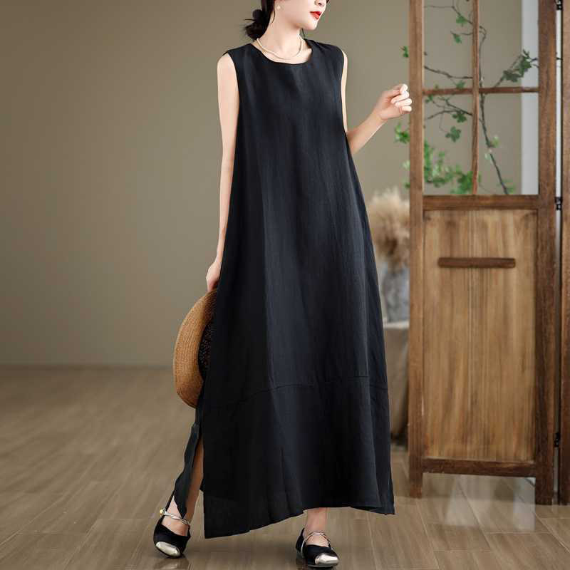Buddha Stones Spring Plain Irregular Sleeveless Cotton Linen Midi Dress With Pockets