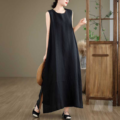 Buddha Stones Spring Plain Irregular Sleeveless Cotton Linen Midi Dress With Pockets