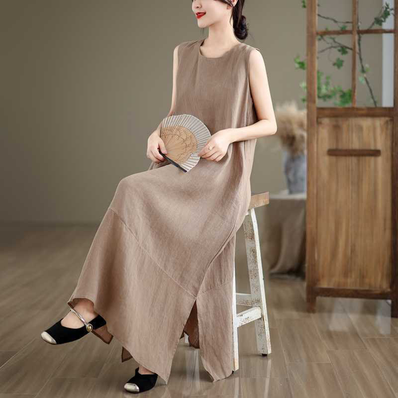Buddha Stones Spring Plain Irregular Sleeveless Cotton Linen Midi Dress With Pockets