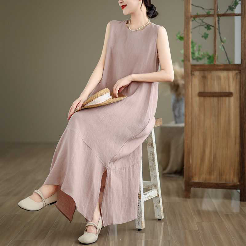 Buddha Stones Spring Plain Irregular Sleeveless Cotton Linen Midi Dress With Pockets