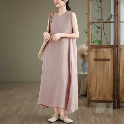 Buddha Stones Spring Plain Irregular Sleeveless Cotton Linen Midi Dress With Pockets
