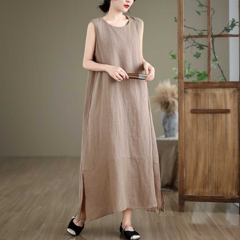 Buddha Stones Spring Plain Irregular Sleeveless Cotton Linen Midi Dress With Pockets